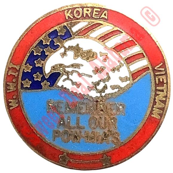 Vintage "WWII, Korea, Vietnam - Remember All Our POW-MIA's" - Hat, Lapel Pin 1"D - Picture 1 of 3